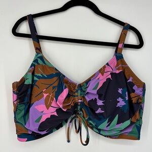Shade & Shore Womens 2X Bikini Top Multi Color Bold Tropical Print Tie Front